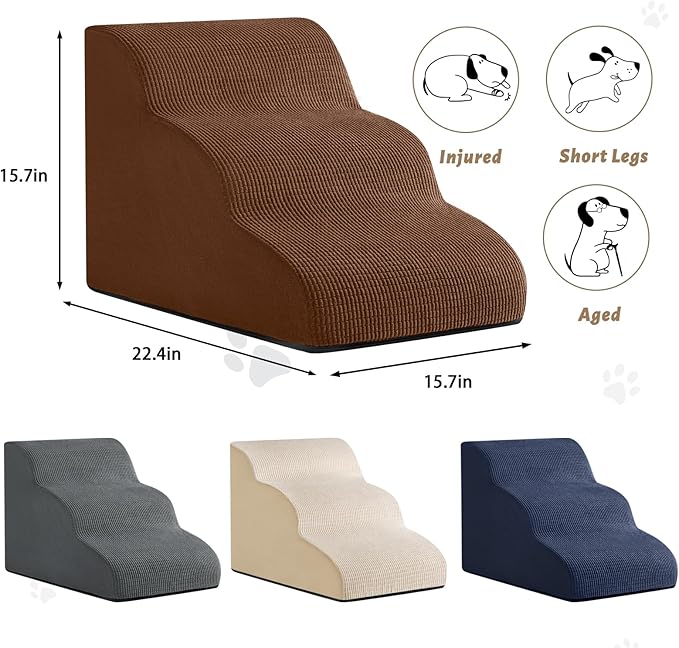 3-Step Dog Ramp and Stairs for Sofa and Chair - Non-Slip Sturdy Pet Steps for Small Dogs and Cats,15.7" H,Brown-PawvioPets