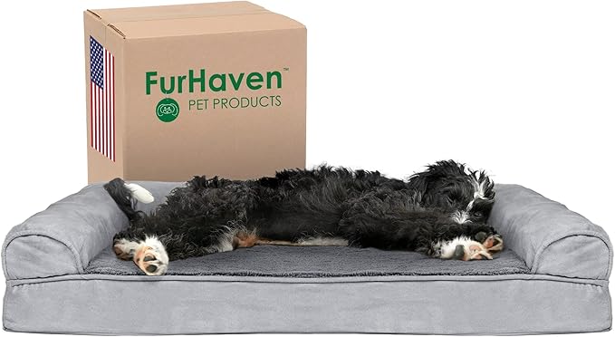 Furhaven Cooling Gel Dog Bed for Large/Medium Dogs w/ Removable Bolsters & Washable Cover, For Dogs Up to 55 lbs - Plush & Suede Sofa - Gray, Large-PawvioPets