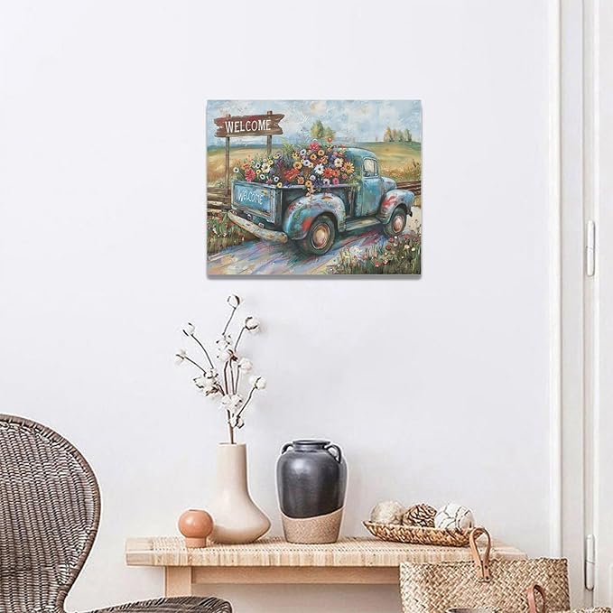 Farmhouse Truck Wall Art Rustic Country Wildflowers Wall Decor Road Flowers Landscape Pictures Canvas Print Painting Artwork for Bathroom Living Room Bedroom 16"x20"-PawvioPets