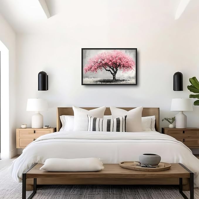 Extra Large Framed Pink Tree Wall Art,Abstract Tree of Life Wall Decor,Pink and Grey Pictures for Living Room,Canvas Print Painting Modern Artwork Bedroom Office Bathroom Home Decor 36L x24W-PawvioPets