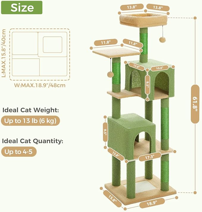 Cactus Cat Tree, 62-Inch Tall Multi-Level Cat Tower with Scratching Posts, Cat Condos for Large Indoor Cats, Plush Cat Bed w/Padded Perches, Scratching Pad & 2 Green Pompoms, Green-PawvioPets