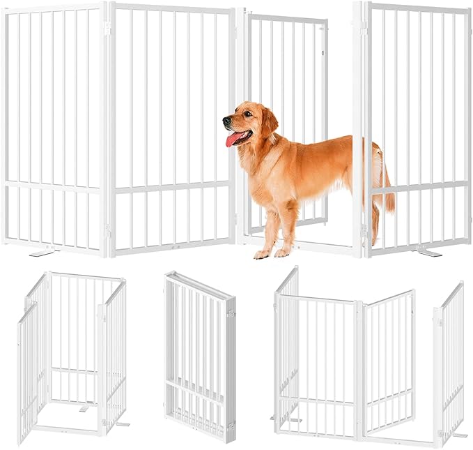 Full Metal Freestanding Dog Gate with Door, 36''Height Foldable Pet Dog Fence for Indoor & Outdoor, 4 Panels Extra Wide Free Standing TallDog Gates for Doorways,House,Stairs,Porch,Deck,Yard-PawvioPets
