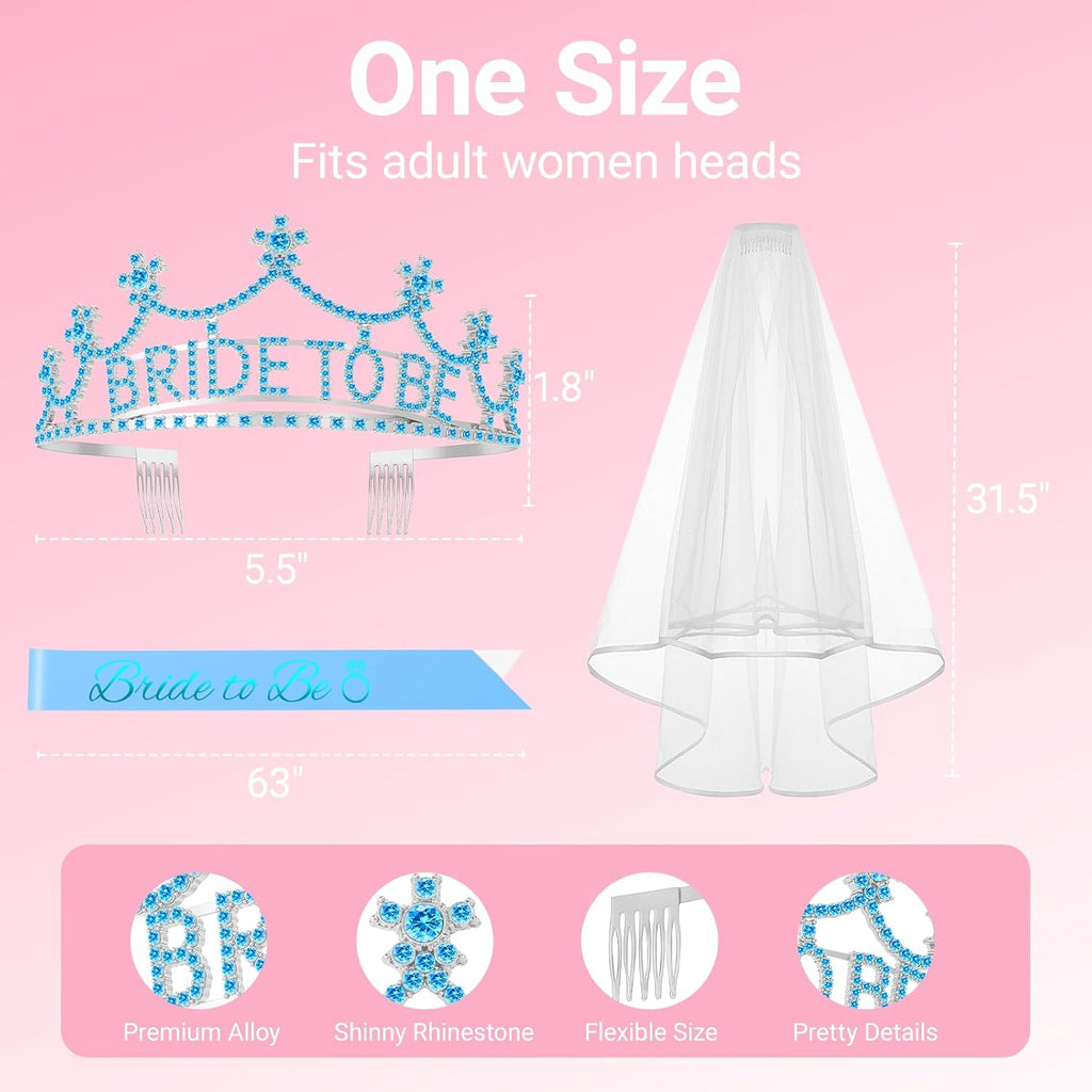 3Pcs Bride to Be Crown with Sash and Veil for Bachelorette Party Decorations，Bridal Shower Accessories for Gift, Favors