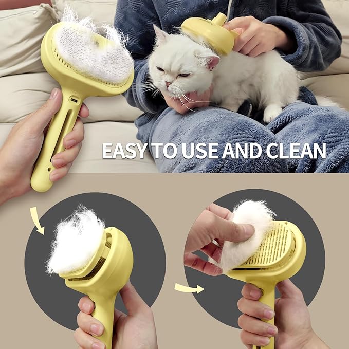 3 In 1 Steamy Brush with Release Button and Tank, Anti-Static Pet Brush for Long and Short Hair Pets to Remove Tangles and Loose Fur (Yellow)-PawvioPets