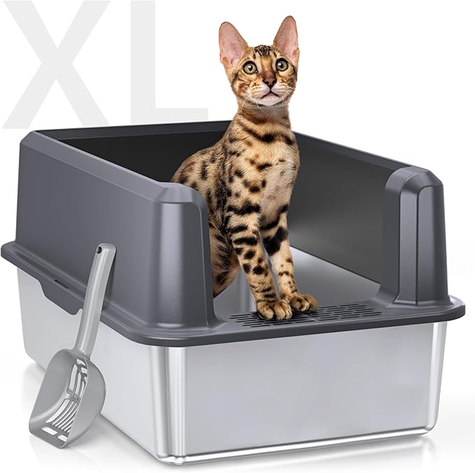 Enclosed Stainless Steel Cat Litter Box with Lid, XL Extra Large Litter Box for Big Cats, Metal Litter Pan High Sided, Never Absorbs Odors, Anti-Urine Leakage, Easy Cleaning, Include Scoop-PawvioPets