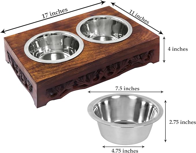 Elevated Pet Feeder for Dogs and Cats - Scroll Carved Wood Raised Dog Bowl Stand - Pet Feeding Stand with Two Steel Bowls - Raised Dog Bowl for Food and Water - Pet Feeding Station -17x11x4- IRONGATE-PawvioPets