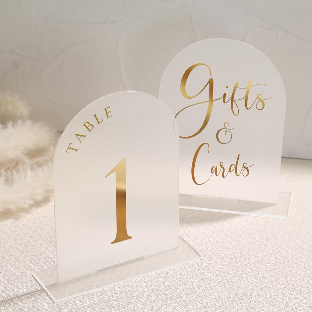 UNIQOOO 10 Pack Acrylic 5x7 Frosted Arch Table Sign for Wedding with Holders, 1/8 in Thick, DIY Blank Arch Sign Sheet Perfect for Decoration, Party,Anniversary, Event, Stand Included