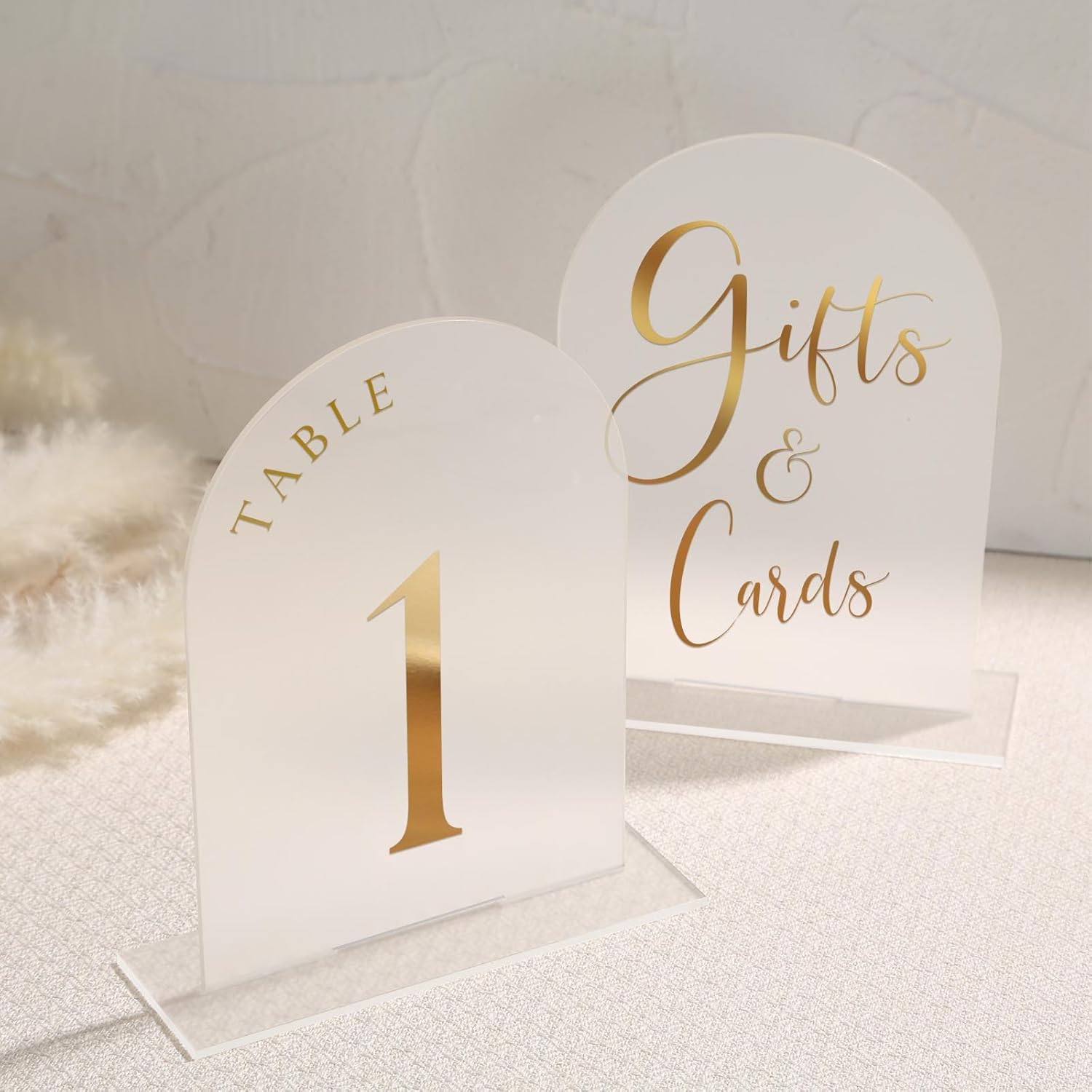 UNIQOOO 10 Pack Acrylic 5x7 Frosted Arch Table Sign for Wedding with Holders, 1/8 in Thick, DIY Blank Arch Sign Sheet Perfect for Decoration, Party,Anniversary, Event, Stand Included