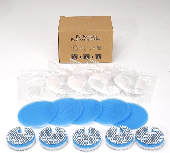 5 Set Cat Water Fountain Filter Replacement for Round 2L/67oz Stainless Steel Cat Fountain, ZEKIRY Pet Fountain Filter, Triple Filtration Replacement Filters(5 Filter, 5 Sponge, 5 8D Sponge)-PawvioPets