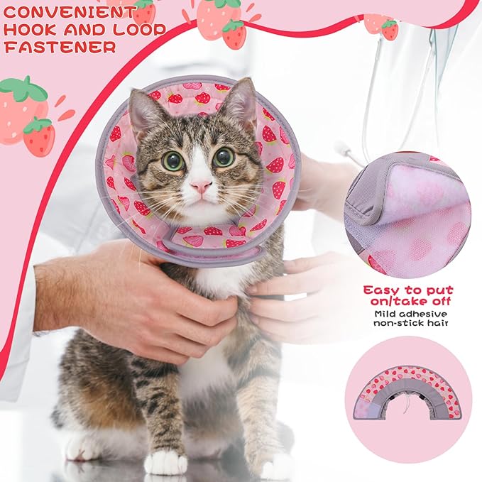 EXPAWLORER Cat Recovery Cone Collar- Soft Adjustable Pet Collar for After Surgery, Waterproof Elizabethan Protective Collar, Stop Licking Donut for Small Medium Kittens (Strawberries M (8.5-12 in))-PawvioPets