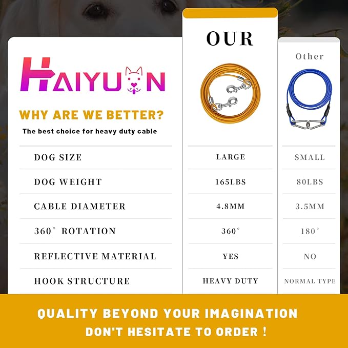 Dog Tie Out Cable 10/15/20/25/30 FT Runner for Yard Steel Wire Cable with Durable Superior Clips Yellow Chains for Outside Dog Lead for Large Up to 165 Lbs-PawvioPets