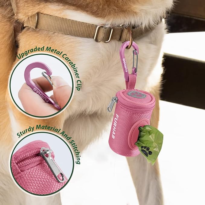 Dog Poop Bag Holder for Leash Doggie Waste Bag Dispenser Soft Fabric Puppy Potty Carrier Small Doggy Zipper Pouch with Carabiner Clip 1680D Nylon Oxford with 1 Roll of Pet Trash Bags, Pink-PawvioPets