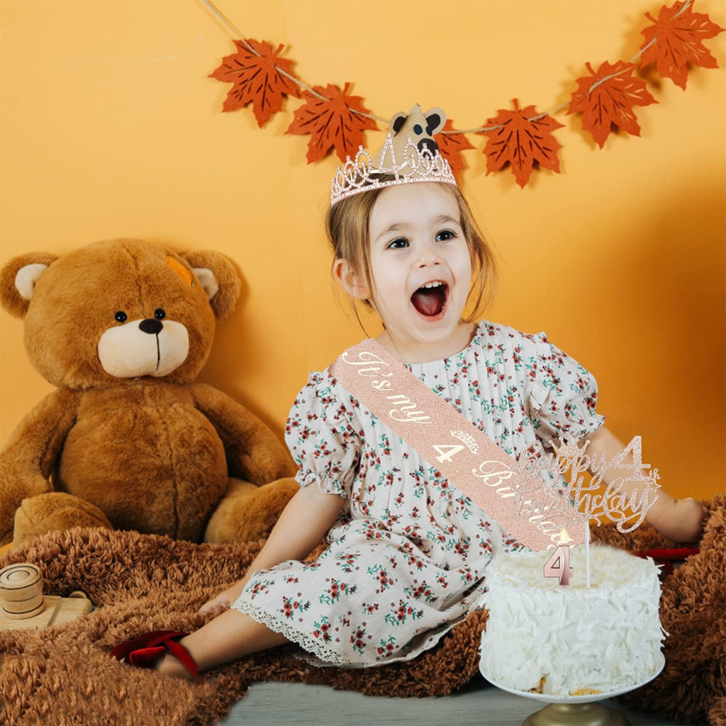 4th Birthday Decorations for Girl Including Sash, Crown, Numeral Candle and Cake Topper, 4 Year Old Girls Party Favor Supplies
