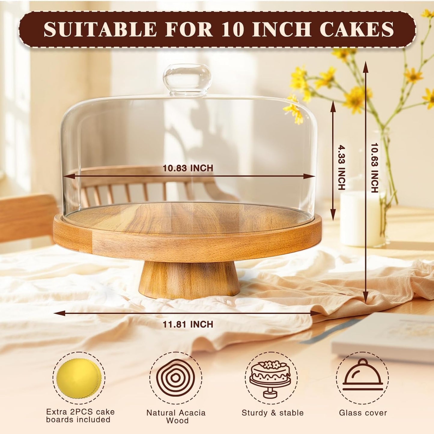 Acacia Wood Cake Stand with Lid, 12" Glass Cake Stand with Dome Cake Holder, 2-in-1 Dessert Table Display Set & Charcuterie Board for Weddings, Parties, Bakeries
