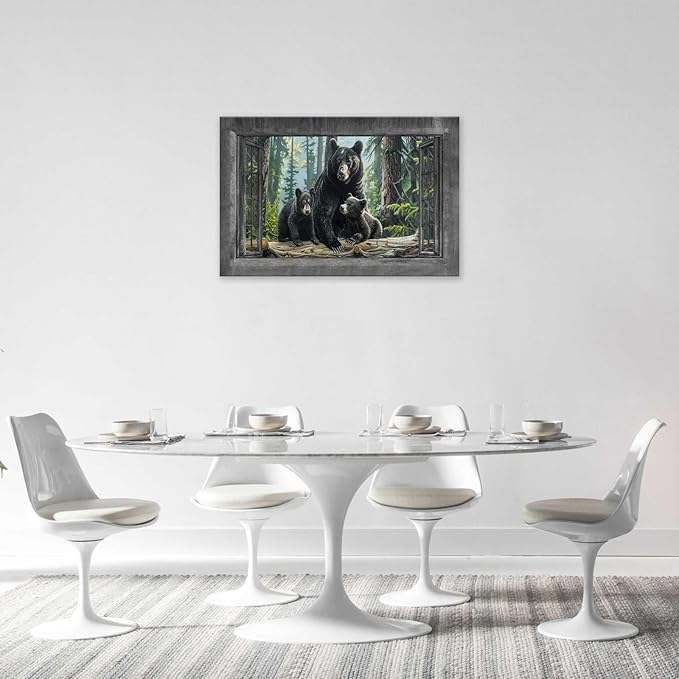 Black Bear Wall Art Forest Window Canvas Cabin Living Room Pictures Prints Animal Wall Decor Painting Artwork for Bedroom Dining Office Home 24"x16"-PawvioPets
