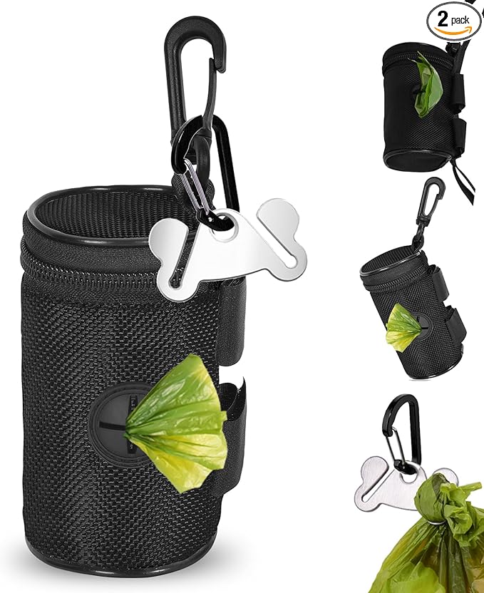 Dog Poop Bag Holder for Leash Attachment - Waste Bag Dispenser for Leash - Fits Any Dog Leash - Portable Set with Hand Free Holder Metal Carrier, Black Round Shape-PawvioPets