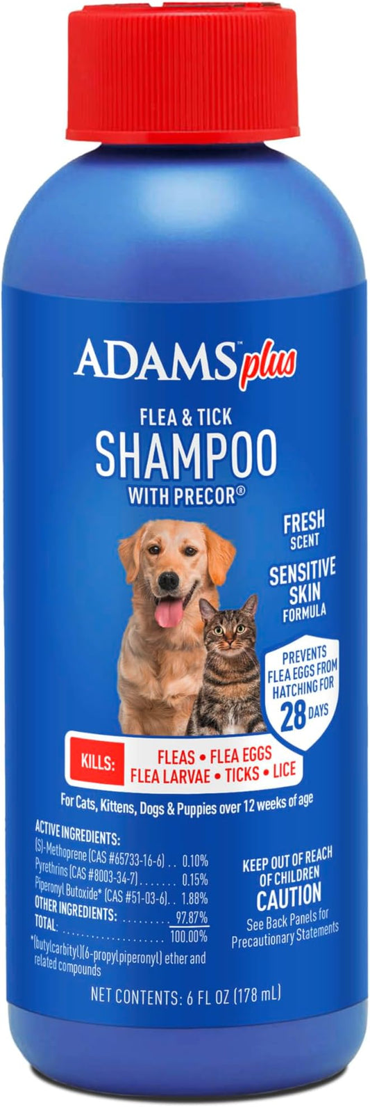 Adams Plus Flea & Tick Shampoo with Precor for Cats, Kittens, Dogs & Puppies Over 12 Weeks Of Age |Sensitive Skin Flea Treatment for Dogs & Cats |Kills Adult Fleas, Flea Eggs, Ticks, and Lice |6 Oz-PawvioPets