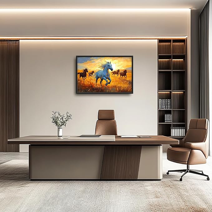 Framed Large Horse Wall Art for Living Room, Oversized Running Horses Wall Decor, Sunset Field Landscape Canvas Painting Home Decoration for Living Room Bedroom Dining Room Office 36"x24"-PawvioPets