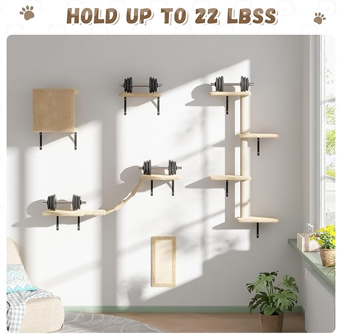 COZIWOW Wall Mounted Cat Furniture, Cat Wall Shelves and Perches, Floating Cat Shelves for Wall Set of 5(Beige)-PawvioPets