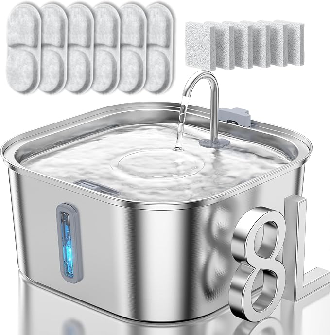 Dog Water Fountain for Large Dogs, 8L/2.1Gal Stainless Steel Pet Water Fountain with Water Level Window, Automatic Dog Water Bowl Dispenser for S-L Dogs and Multi-Pets (with 6pcs Filters)-PawvioPets