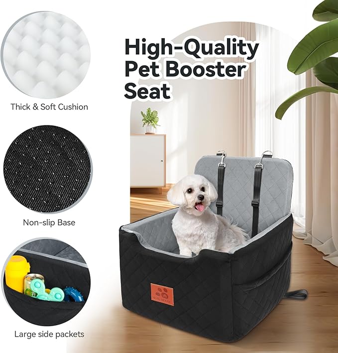 Dog Car Seat for Small/Medium Dogs Under 35lbs,Memory Foam Dog Booster Seats,Detachable and Washable Traval Pet Car Seat, Dogs Bed with 2 Safety Belts(Balck/Grey)-PawvioPets