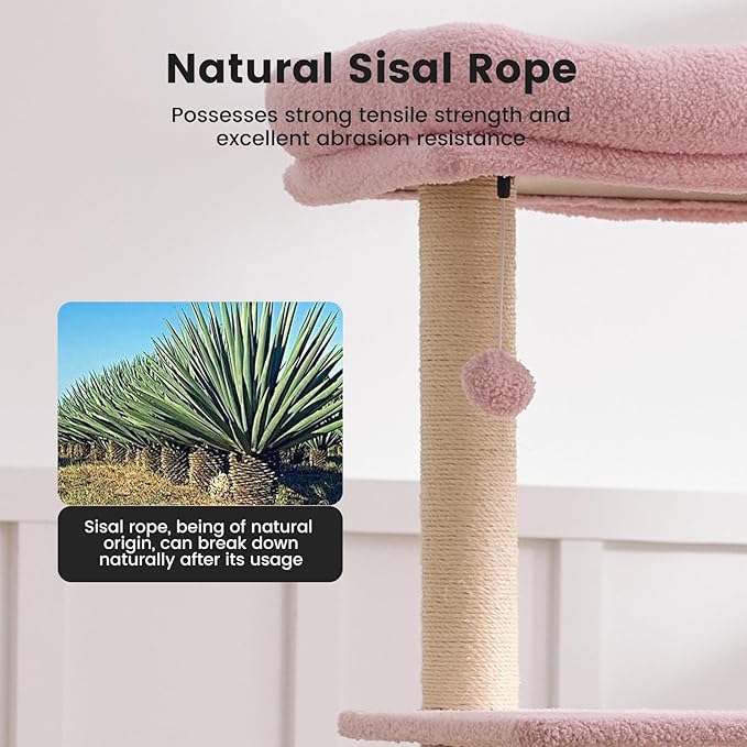 Gardner Pet 65in Heavy Duty Cat Tree Tower for Large Cats, Multi-Level Cat Furniture with Replaceable Sisal Scratching Post, Hammock | Extra-Large Platform & Condo (Pink&Green, Basic φ:2.84")-PawvioPets