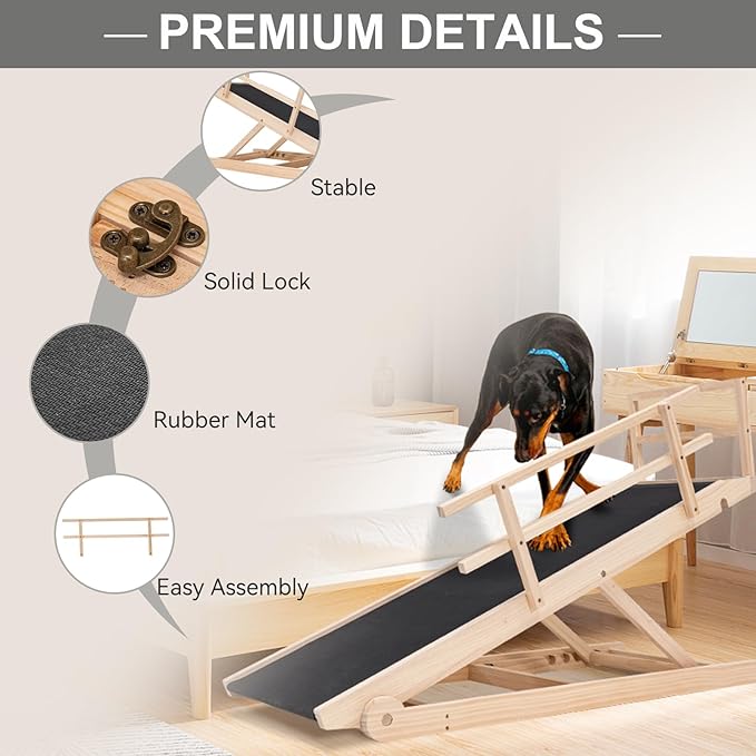 Folding Wooden Dog Ramp for Bed, Couch & Car,45IN Long- 5 Level Adjustable Pet Ramp, Non-Slip Rubber Mat, 17.7'' Extra Wide - Supports Small & Large Senior Dogs & Cats up to 200 lbs-PawvioPets