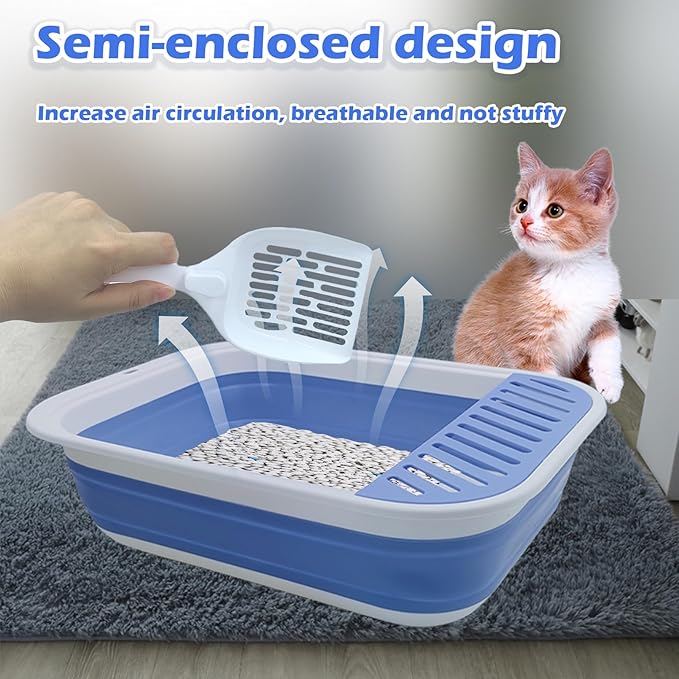 Collapsible Small Cat Litter Box,Open Top Cats Litter Pan with Scoop Foldable Shallow Kitten Potty Toilet Waterproof Cat Travel Litterbox Anti-Splashing Low Entry Semi-Enclosed Easy Clean(Blue)-PawvioPets