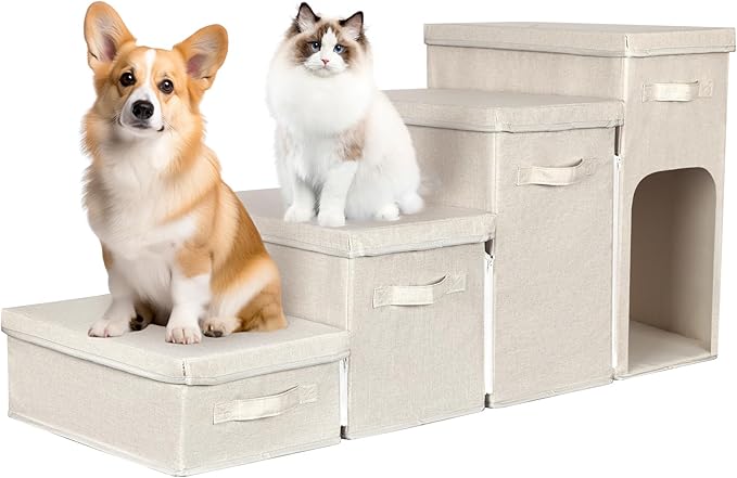 Dog Stairs with Storage, Folding Pet Steps with Zip for Small Dogs and Cats, 4-Step Pet Stairs with Pet House for High Bed, Couch and Car Ramp, Up to 200 Lbs (Beige, 4 Steps with Condo)-PawvioPets