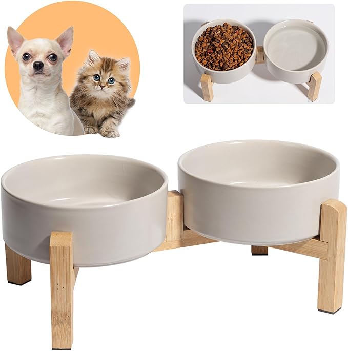 Elevated Ceramic Dog Bowl Set - Raised Feeding Bowls with Non-Slip Bamboo Stand - Small Pet Dishes for Food and Water - Ideal for Cats and Puppies - 16.23 OZ - 2 Cups - 480 ML-PawvioPets