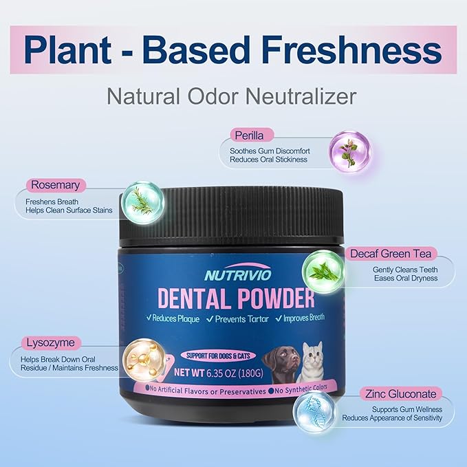 Dental Powder for Dogs & Cats - 5 Strains of Probiotics with 10B CFU, Natural Ingredients for Plaque & Tartar Control, Fresh Breath Oral Care,Safe for All Breeds & Ages Pets - 6.35oz(180g)-PawvioPets