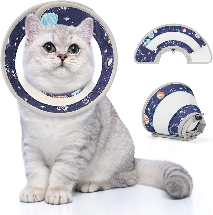 Breathable Air Mesh Cat Cone Collar Soft to Stop Licking, Adjustable, Foldable Lightweight Kitten Cones After Surgery Recovery for Cats & Kittens (Star Blue, L)-PawvioPets