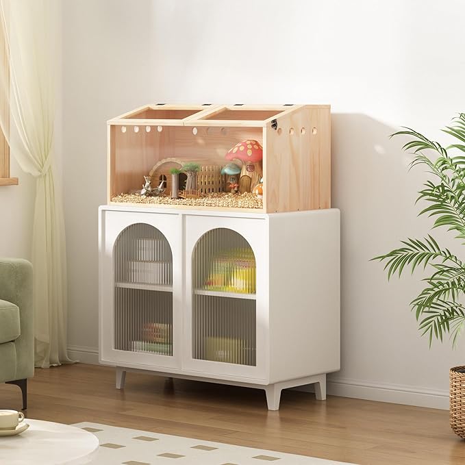 COZIWOW Wooden Hamster Cage, Large Hamster Habitats Enclosure with Acrylic Window & Openable Top, (32" L x 16" W x 16" H) Small Animal Cage for Guinea Pig, Chinchilla, Gerbil-PawvioPets