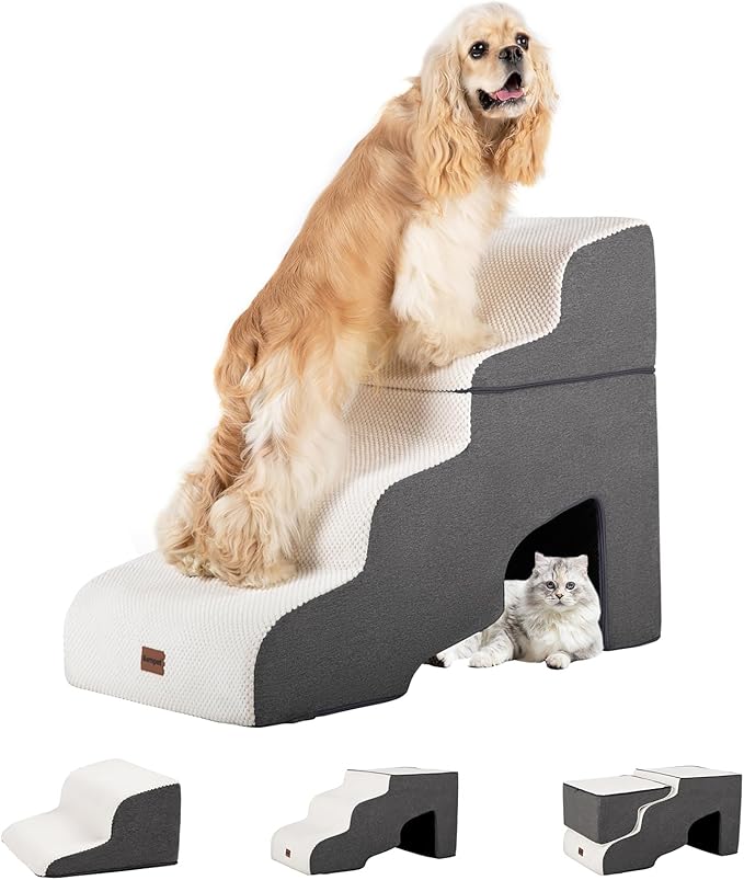 Dog Stairs for High Beds with Tunnel, 4-Step Dog Steps for Small Dogs and Cats, Foldable Pet Stairs for High Bed Climbing, Non-Slip Balanced Pet Step Indoor, Beige-PawvioPets