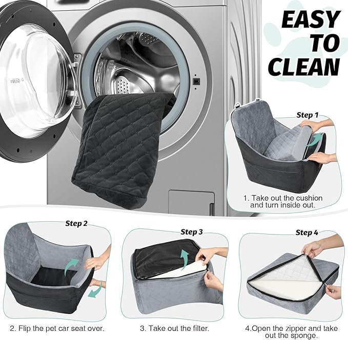 Dog Car Seat for Dogs Up to 35lbs,Fully Detachable and Washable,Memory Foam Covered Soft Fabric,Easy to Install with Adjustable Straps,Anti-Slip Bottom,Two Side Pockets(Black/Grey,Medium)-PawvioPets