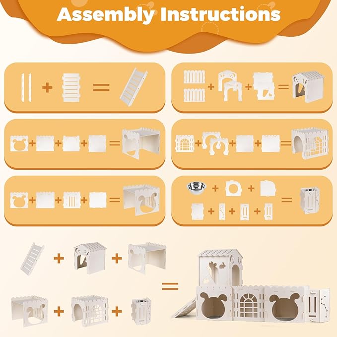 Extra Large Rabbit House, Wooden Bunny House Hideout with 4 Houses and Hay Feeder Indoor, Rabbit Guinea Pig Hideout Multistory Climbing Tower Sturdy Wooden Castle, Small Animal Hideaway Tunnel-PawvioPets