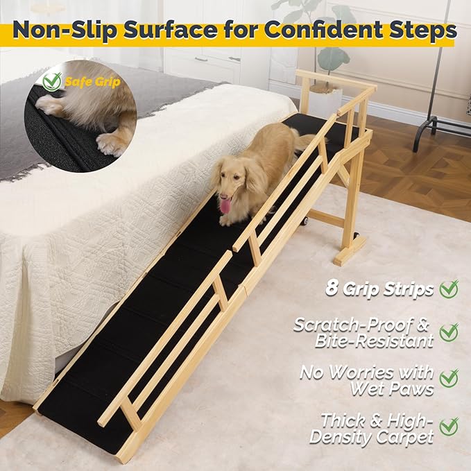 Dog Ramp for Bed or Couch, Wooden Pet Ramp with 20° Gentle Slope, Removable Side Rails, Non-Slip Surface, Top Platform & Wheels, Safe Bed Ramp for Small, Medium & Senior Dogs, 74" Long, Natural-PawvioPets