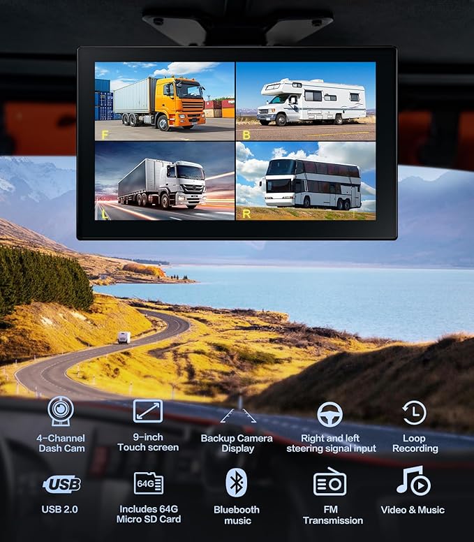 4 Channel 1080p Backup Camera Dash Cam for RV/Truck/Trailer/Van/SUV/Cars,10.2 Inch Touch Screen Quad Split Parking Monitor with DVR Recording/Playback/Bluetooth/FM Radio/Music/Video Player-PawvioPets