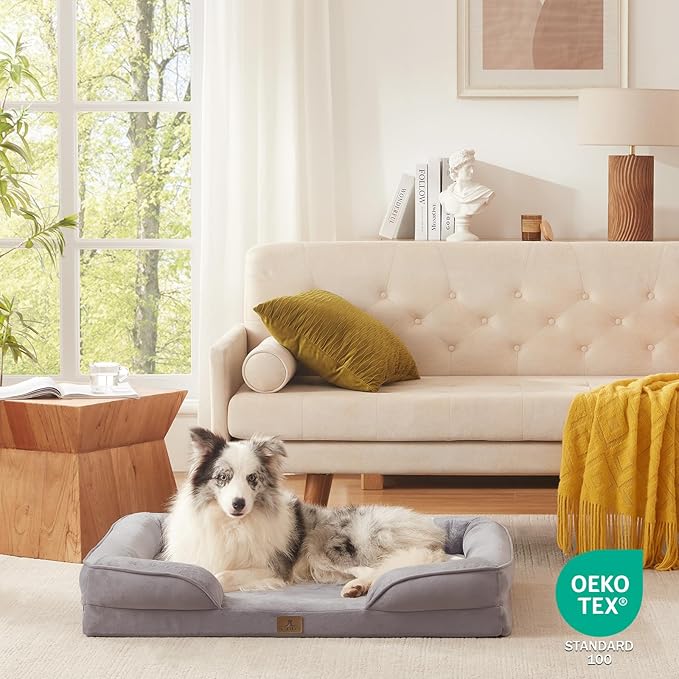 Bedfolks Orthopedic Dog Bed, Big Waterproof Dog Sofa Bed for Large Dogs, Egg Foam Pet Couch Bed with Removable Washable Cover and Nonslip Bottom, Light Grey-PawvioPets