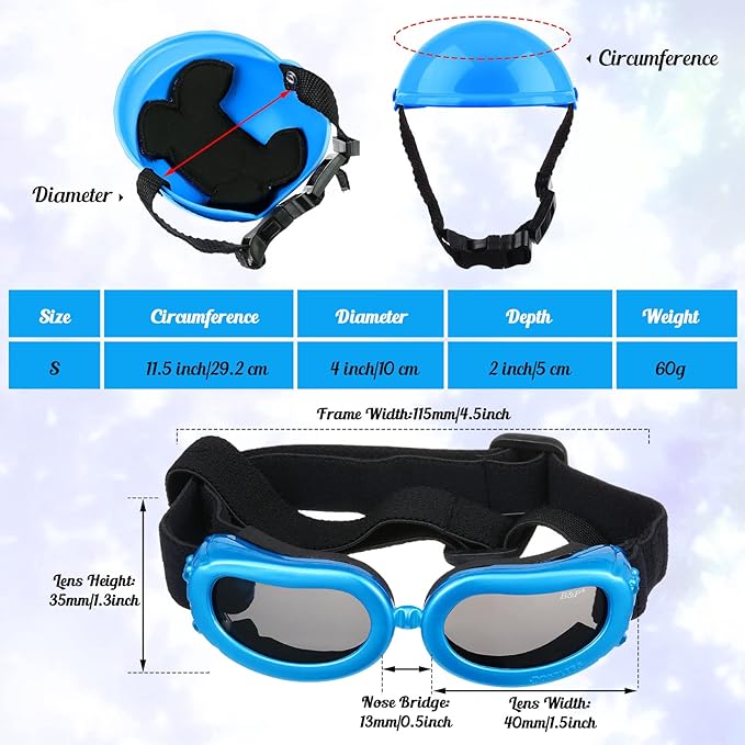 Frienda Dog Helmet and Goggles, UV Protection Doggy Sunglasses and 4 Inch Padded Puppy Motorcycle Helmet Adorable Dog Goggles with Adjustable Belt for Small Dogs Puppy Riding(Blue,S)-PawvioPets