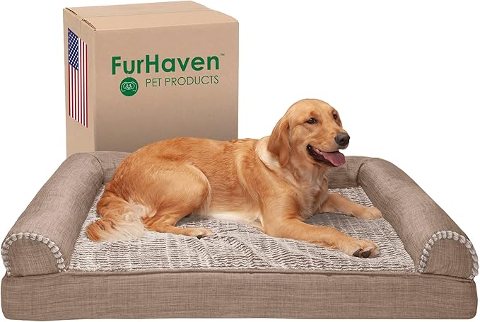 Furhaven Cooling Gel Dog Bed for Large Dogs w/ Removable Bolsters & Washable Cover, For Dogs Up to 95 lbs - Luxe Faux Fur & Performance Linen Sofa - Woodsmoke, Jumbo/XL-PawvioPets
