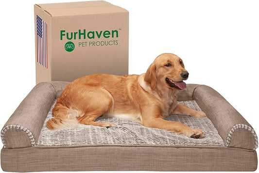 Furhaven Cooling Gel Dog Bed for Large Dogs w/ Removable Bolsters & Washable Cover, For Dogs Up to 95 lbs - Luxe Faux Fur & Performance Linen Sofa - Woodsmoke, Jumbo/XL-PawvioPets