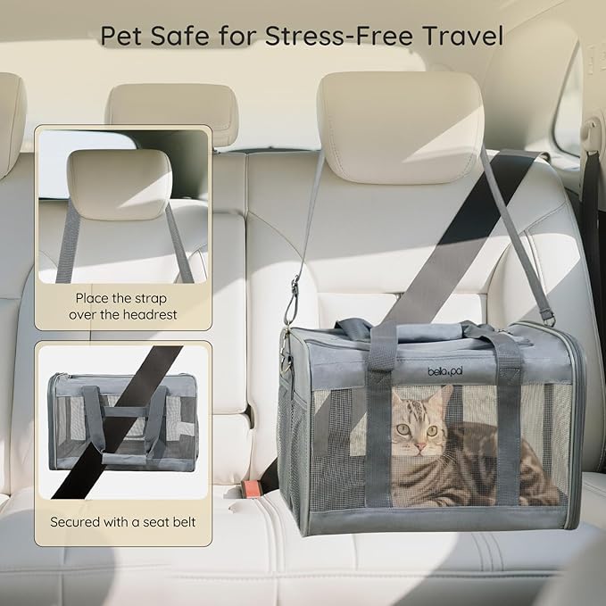 BELLA & PAL Cat Carrier Travel Bag, Airline Approved Lightweight Cat Carrier, Soft Sided Pet Carrier for Puppy Dogs Up to 18lbs, Collapsible Kitten Bag with Removable Waterproof Mat, Ventilated Mesh-PawvioPets