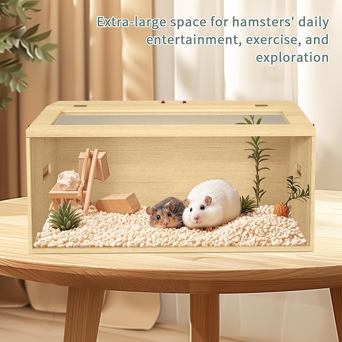 32" Hamster Habitat Enclosure, Top Opening Lockable Roof Door, Gerbil Dwarf Hamster Cage with Hygrometer, Chewproof Syrian Hamster Cage for Mice, Small Animal, (Wooden, 32" L x 16" W x 16" H)-PawvioPets
