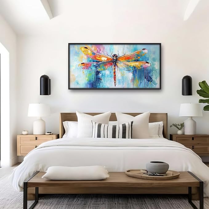 Extra Large Abstract Dragonfly Framed Wall Art for Living Room,Oversized Colorful Dragonfly Pictures Wall Decor,Teal Canvas Print Painting Modern Artwork Bedroom Office Bathroom 60L" x 30W"-PawvioPets