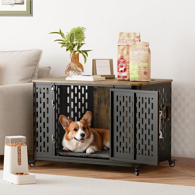 Dog Crate with Cushion, 38" Wood Heavy Duty Dog Crate Furniture with Flip Top & Wheels for High Anxiety Dogs, Escape Proof Pet Cage for Small/Medium Dogs-PawvioPets