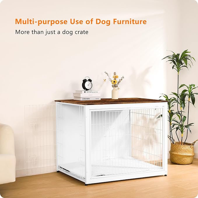 DWANTON Dog Crate Furniture with Cushion, Wooden Kennel Table with Double Doors, Indoor Dog House, Extra Large Size, 43.3" L, White+Rustic Brown-PawvioPets