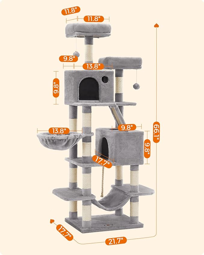 Feandrea Cat Tree, 66.1-Inch Large Cat Tower with 13 Scratching Posts, 2 Perches, 2 Caves, Basket, Hammock, Pompoms, Multi-Level Plush Cat Condo for Indoor Cats, Light Gray UPCT165W01-PawvioPets
