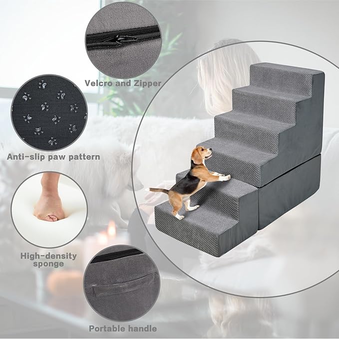 Dog Steps for High Beds 30-32" H - 6-Step Dog Stairs for Small Dogs, 33D Foam Pet Steps for High Bed with Non-Slip Bottom and Washable Cover, Dogs Ramp for Bed Indoor, Grey-PawvioPets