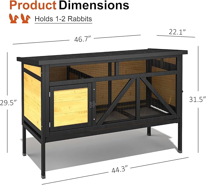 46.7" Rabbit Cage Elevated Bunny Cage Indoor, Outdoor Rabbit Hutch Hamster Cages for Small Animals, Wooden Guinea Pig Cages with Removable Tray & Waterproof Asphalt Roof & Bottom Wire Mesh-PawvioPets